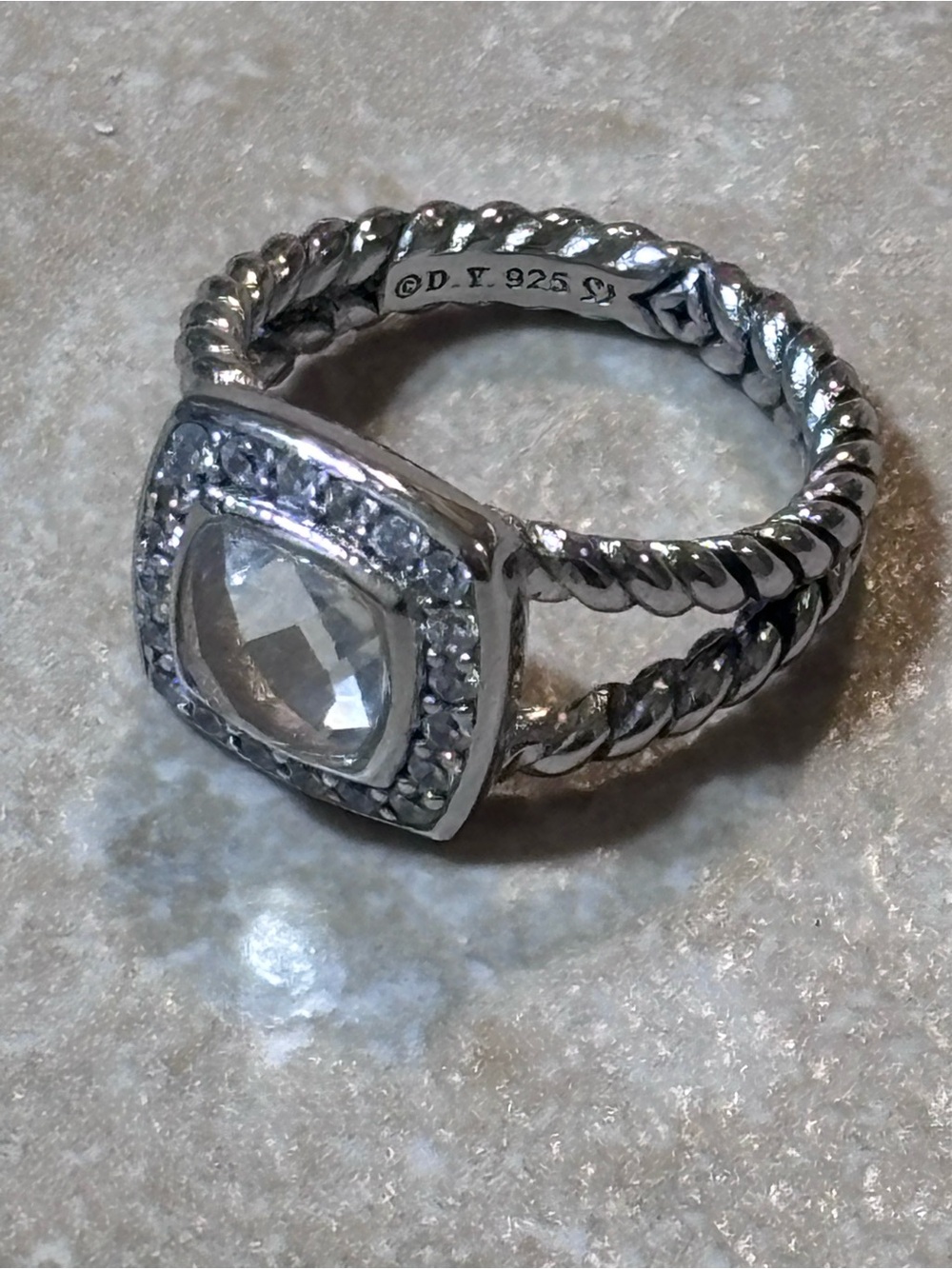 David Yurman Silver Cushion-Cut Halo Ring with Twisted Rope Band - Picture 5 of 5